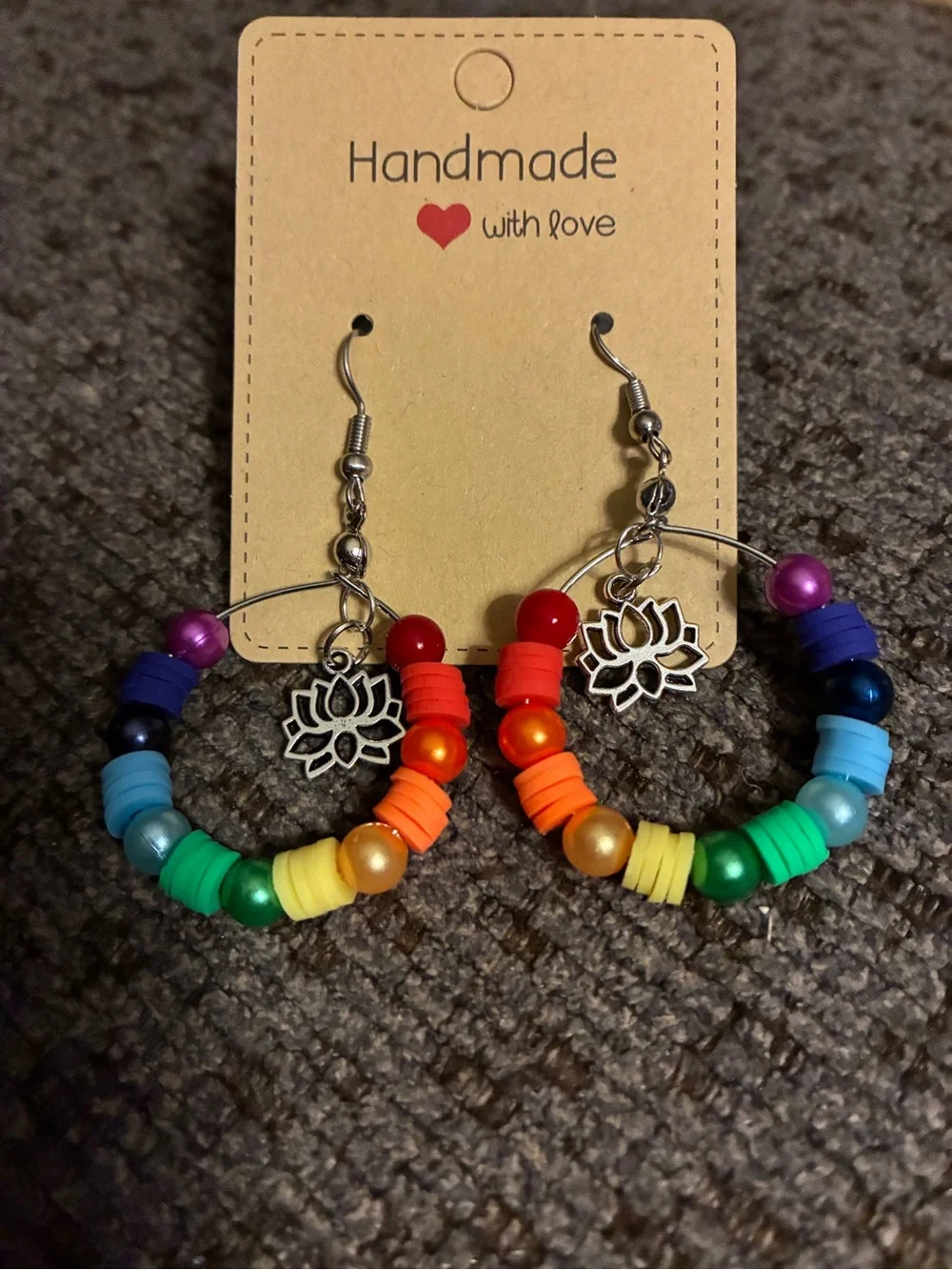 Handmade Rainbow Lotus Hoop Earrings - Colorful Beaded Women's Jewelry